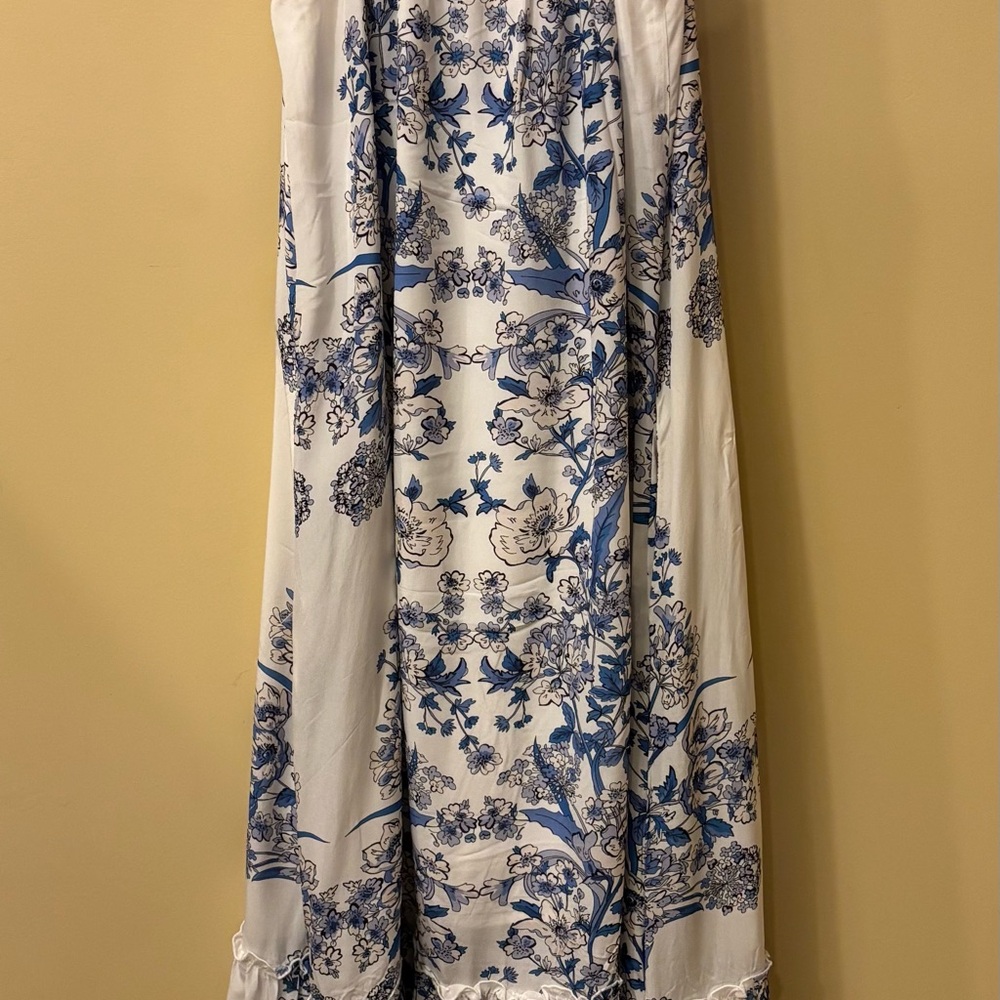 Gold Hawk Silk Toile Maxi Dress – Blue & White Romantic Slip Dress - Picture 3 of 5
